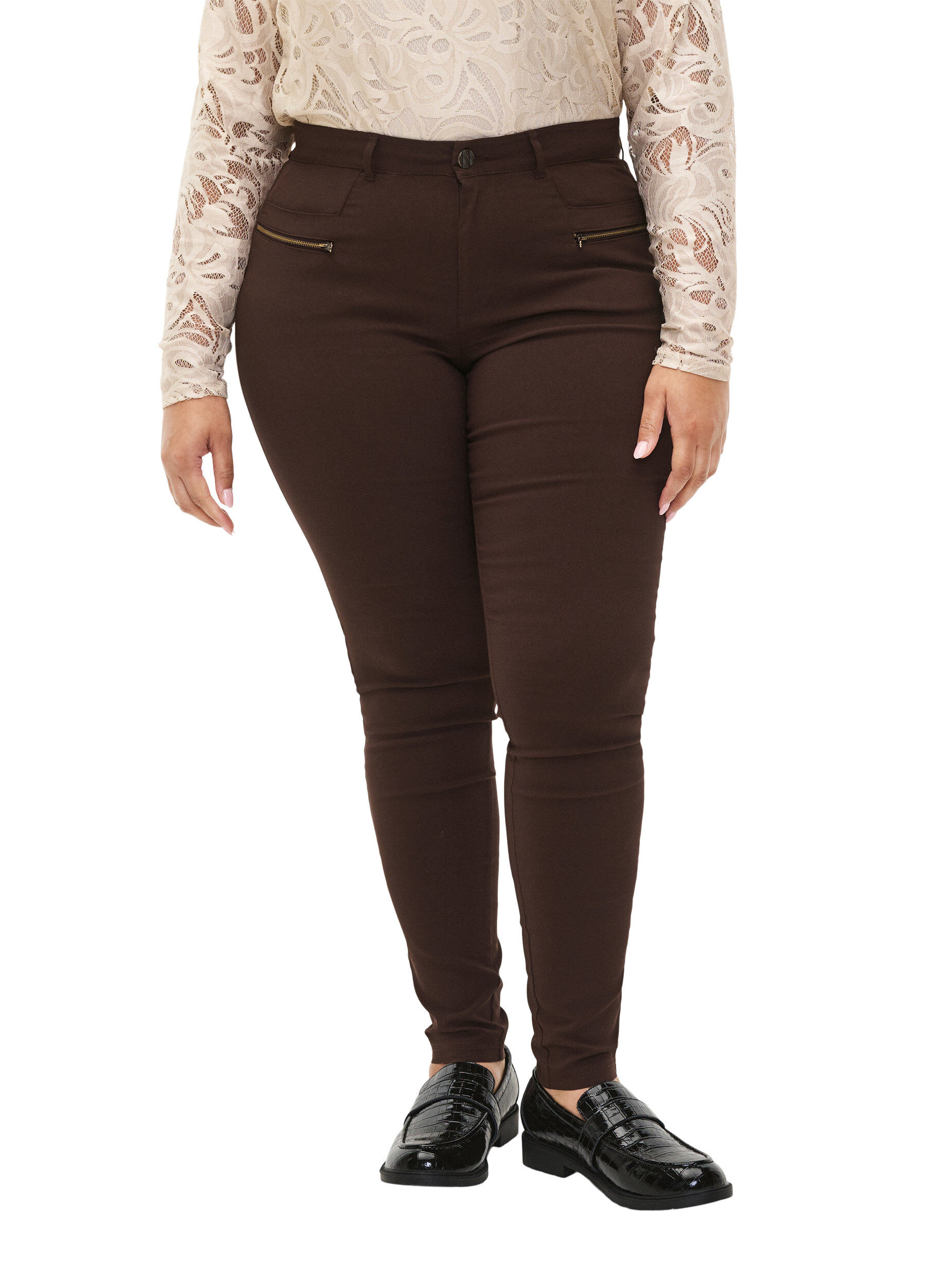 Zizzifashion Close-fitting trousers with zipper details, Brown, Model image number 3