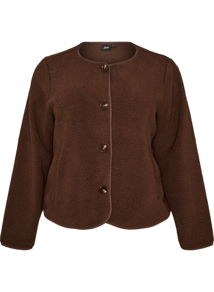 Teddy jacket with a round neck and buttons, Brown, Packshot image number 0