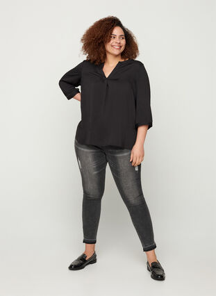 Blouse with 3/4 sleeves and V-neck, Black, Model image number 2