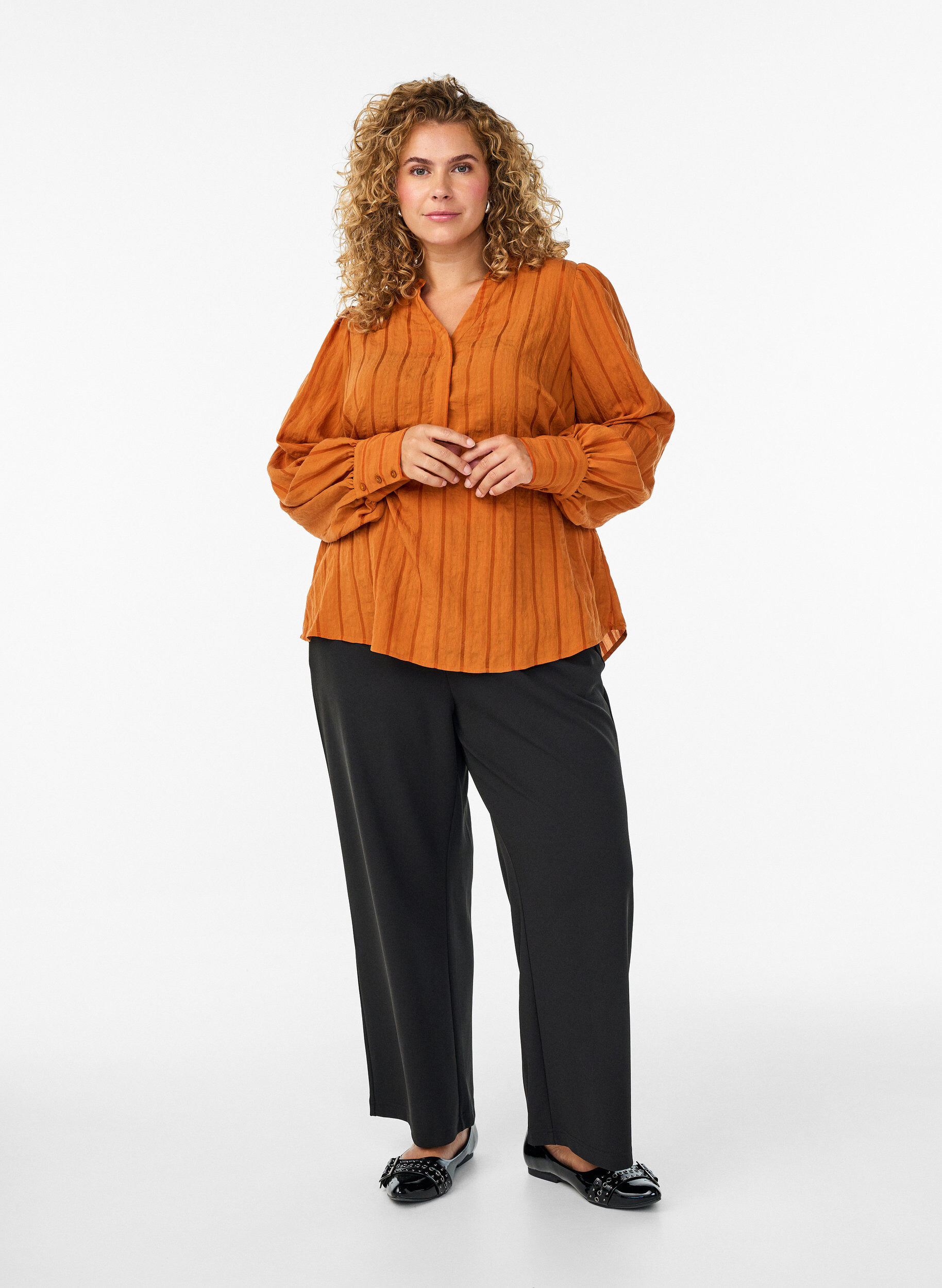 Zizzifashion Blouse with vertical stripes, Orange, Model image number 1