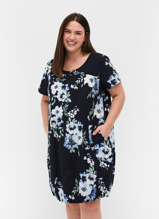 Short-sleeved, printed cotton dress, Black Blue Flowers, Model image number 0