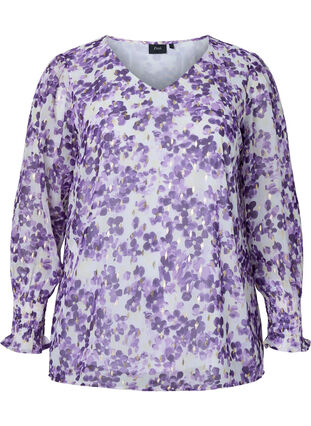 Floral blouse with long sleeves and v neck, Beige/Purple Flower, Packshot image number 0