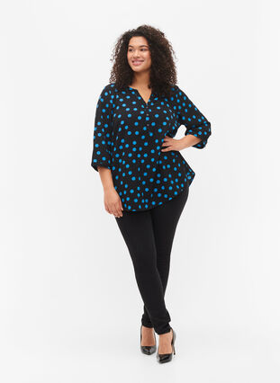 Dotted blouse with 3/4 sleeves, Black Blue Dot, Model image number 2