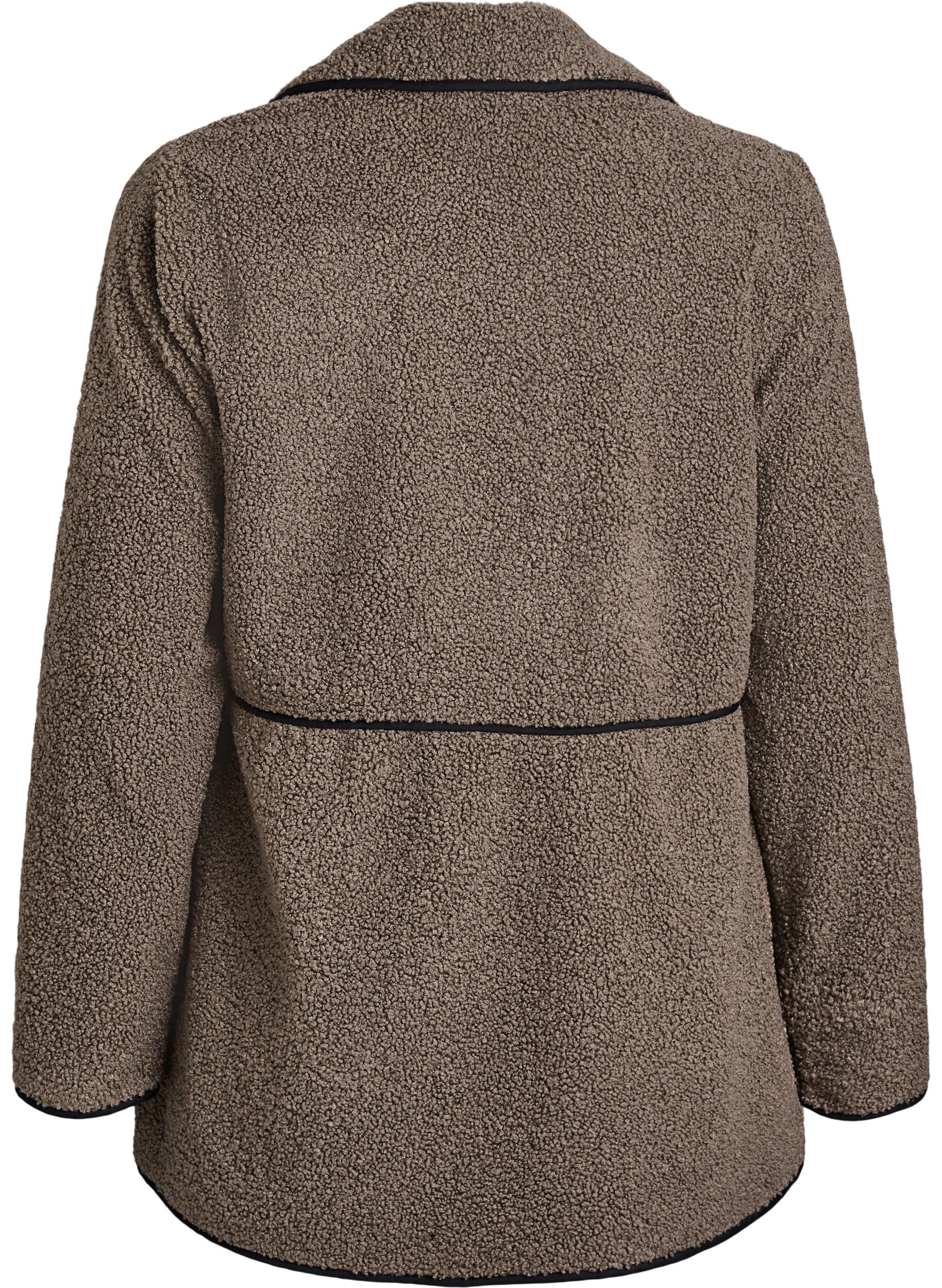 Zizzifashion Soft teddy jacket with contrast details, Brown, Packshot image number 1