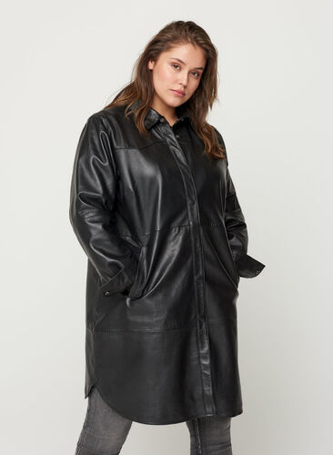Long, leather shirt jacket, Black, Model image number 0