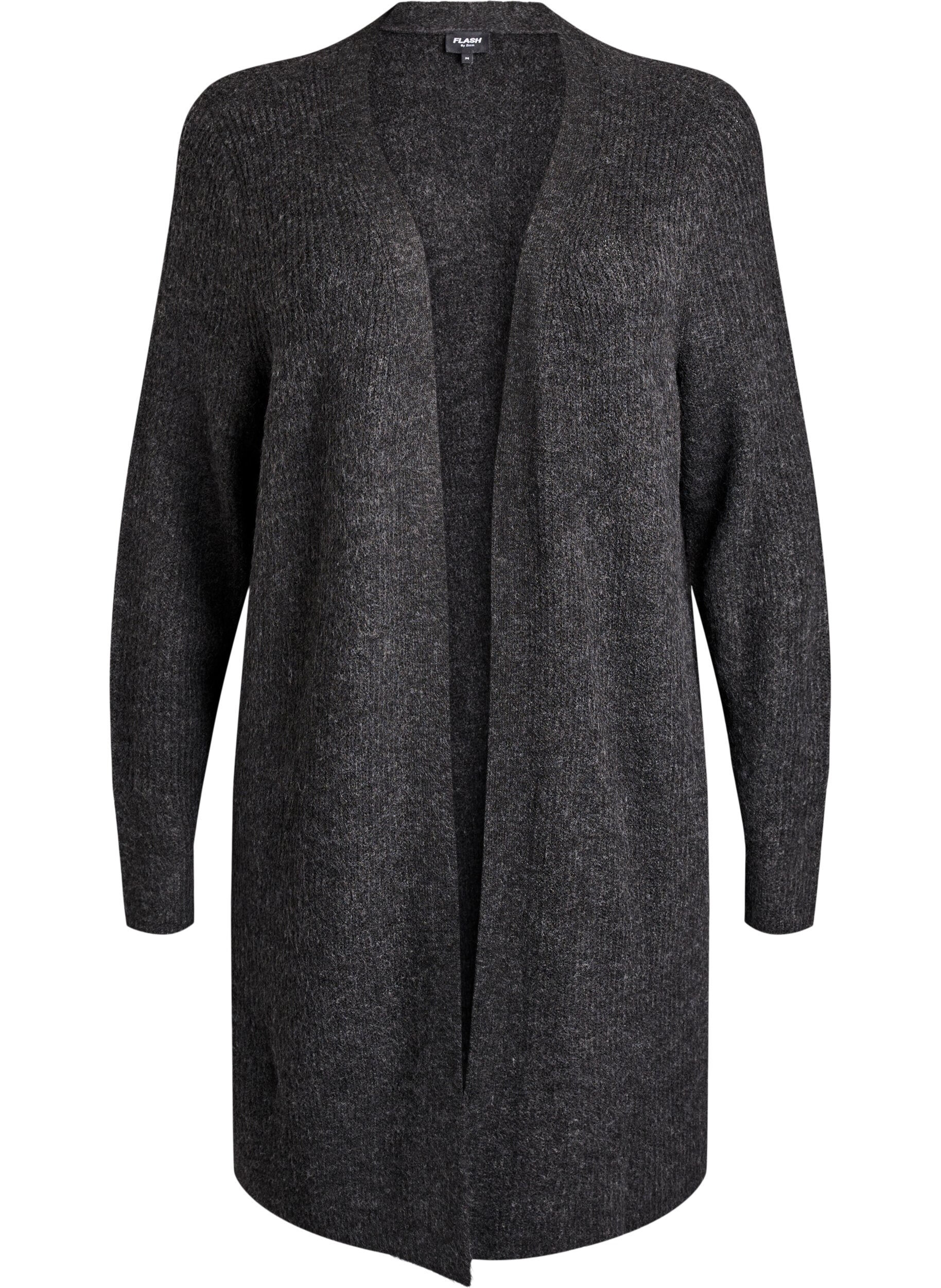 Zizzifashion Long ribbed cardigan with an open front, Dark Grey, Packshot image number 0