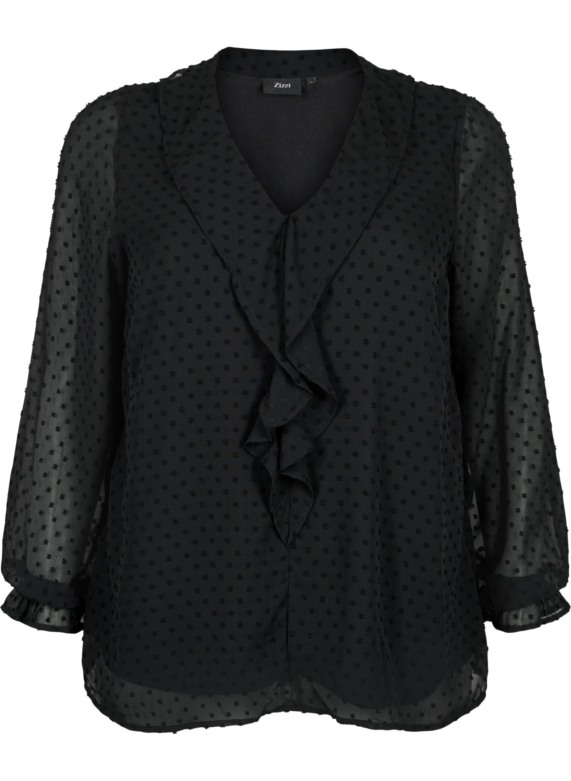 Zizzifashion Blouse with ruffles and dotted texture, Black, Packshot image number 0