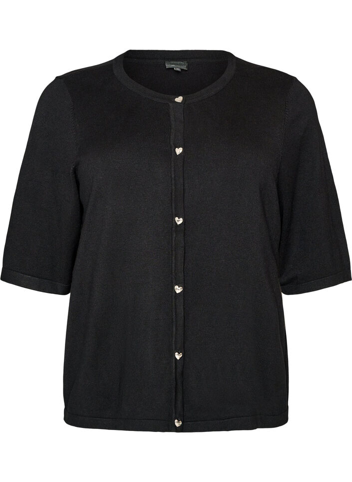Knit cardigan with heart buttons and short sleeves, Black, Packshot image number 0
