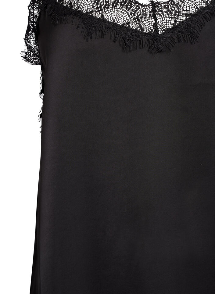 Satin-look dress with lace trim, Black, Packshot