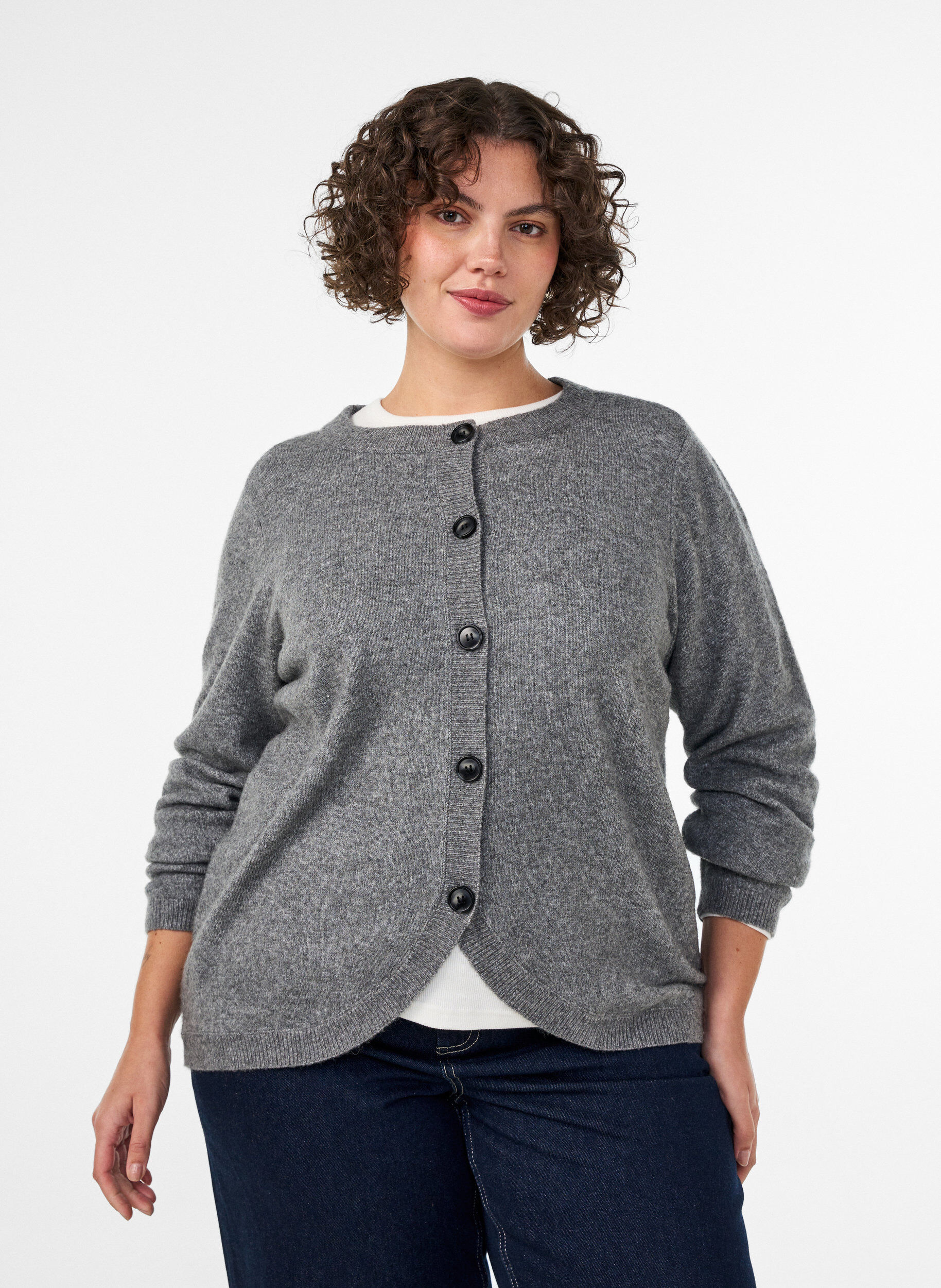 ZizzifashionCardigan with buttons and a rounded front, Grey, Model image number 0