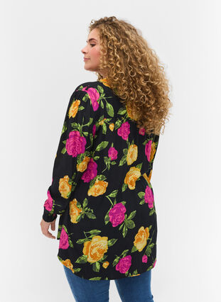 Floral viscose shirt with smocking, Black Flower AOP, Model image number 1