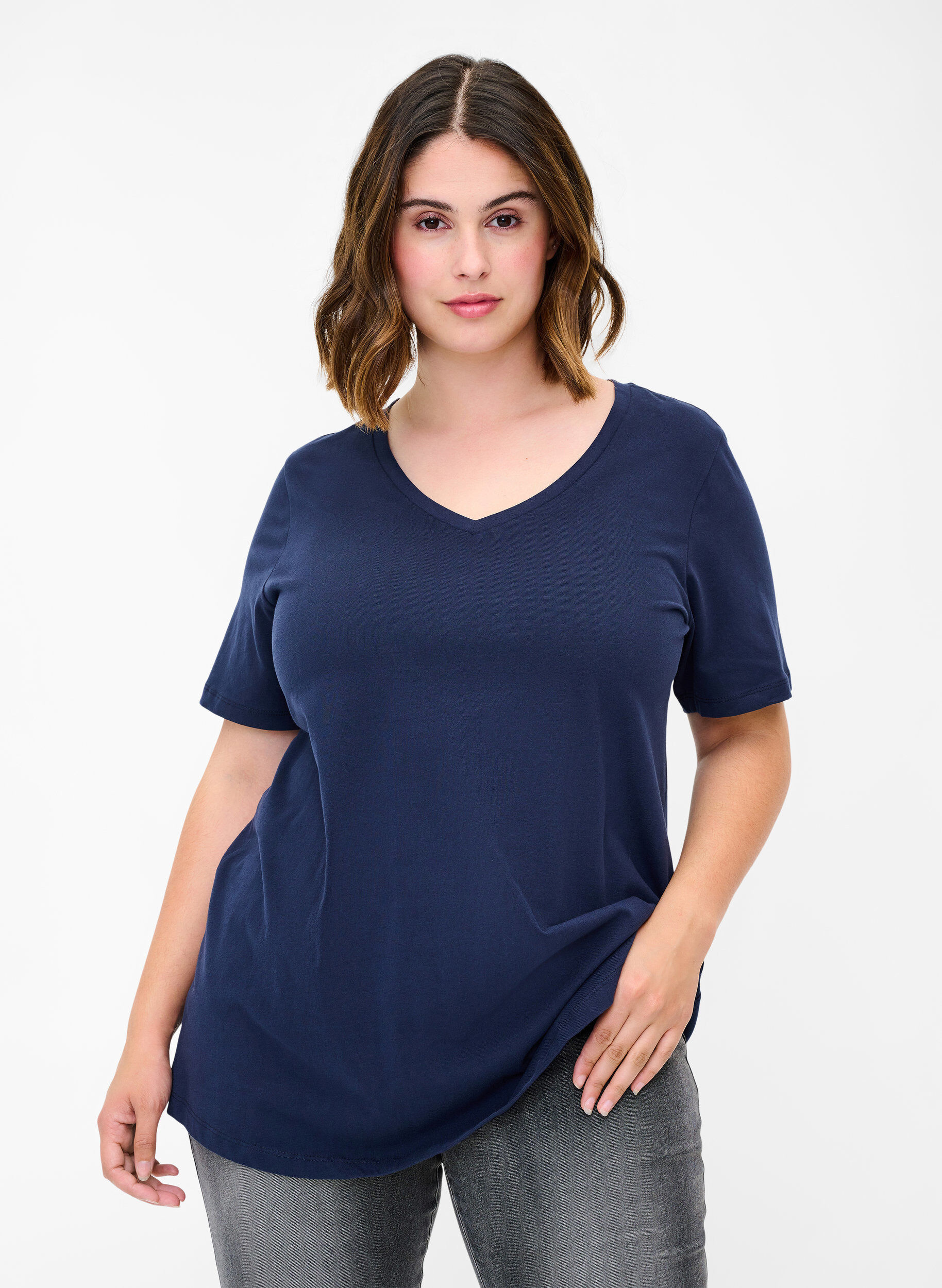 Zizzifashion Basic t-shirt with v-neck, Blue, Model image number 0