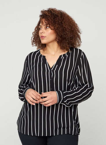 Striped blouse in viscose, Black White stripe, Model image number 0