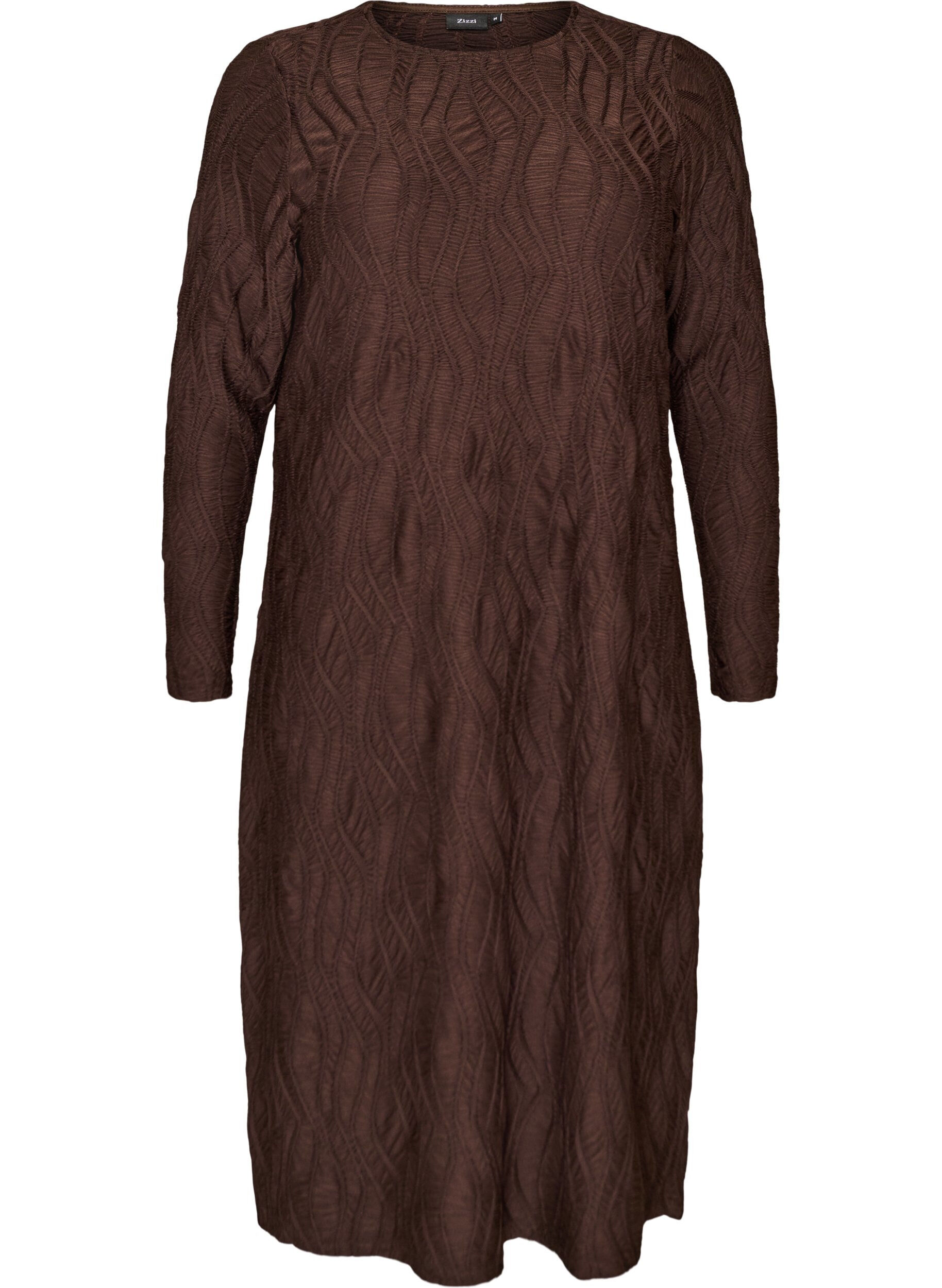 ZizzifashionMidi dress with a wavy texture and long sleeves, Brown, Packshot image number 0