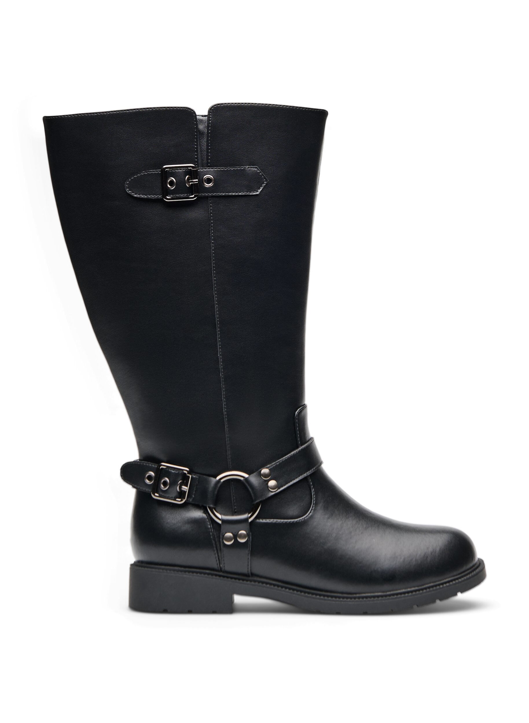 High leather boot with decorative buckles