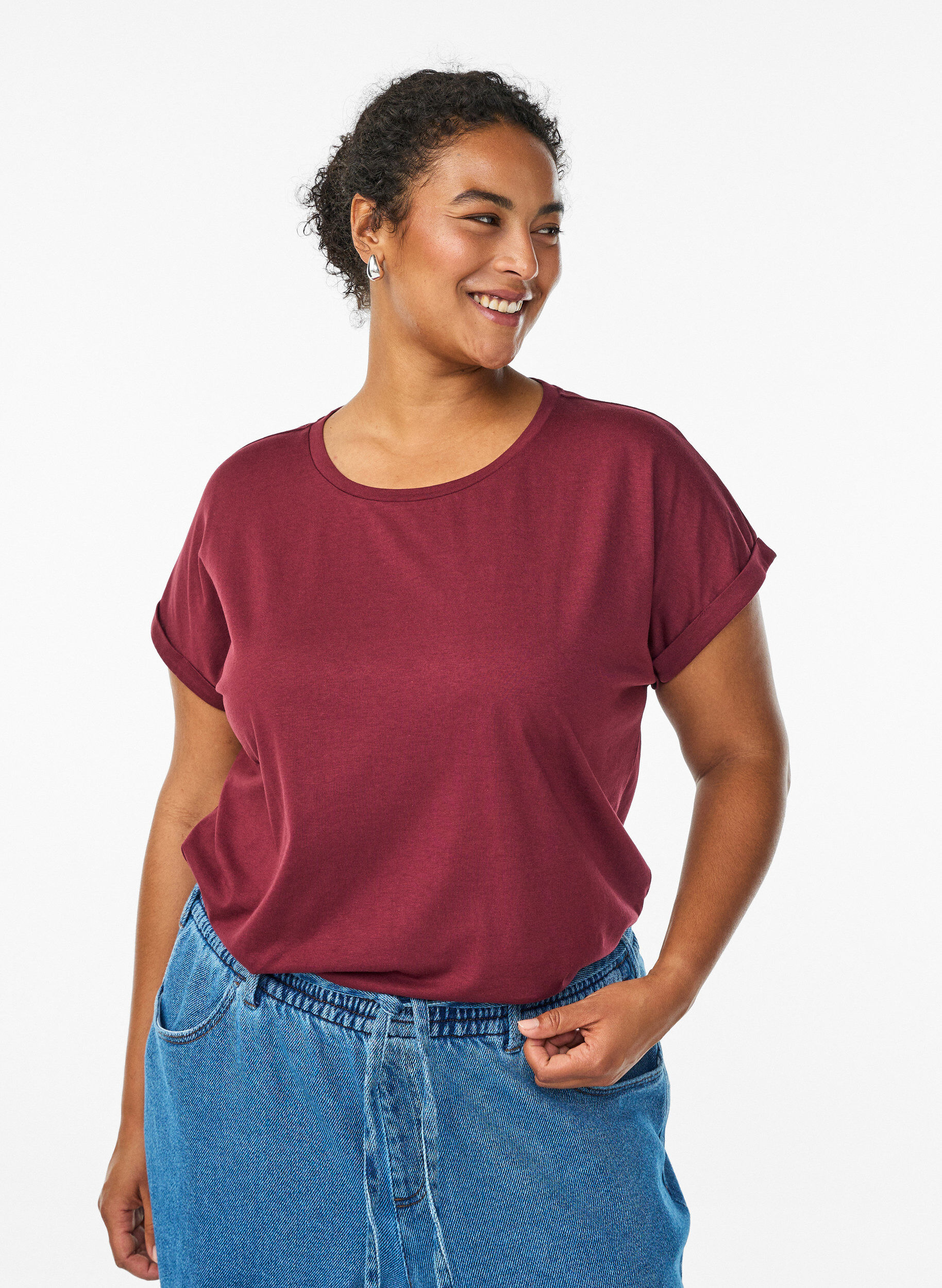 Short sleeve cotton blend T-shirt, Dark Bordeaux, Model