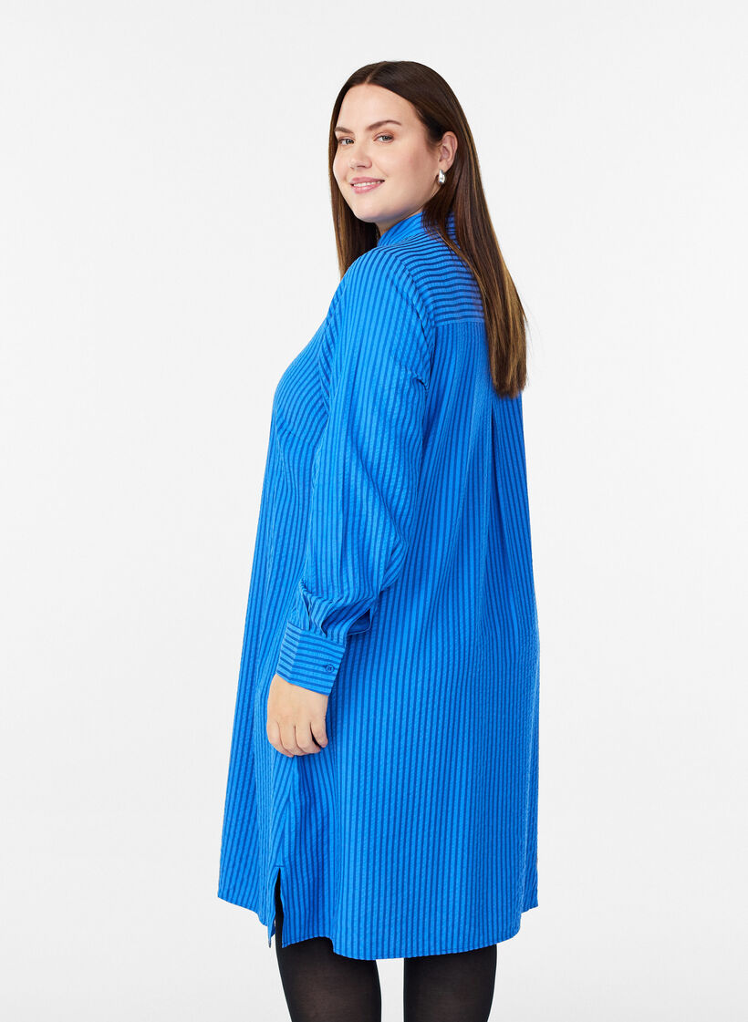Long striped shirt with button detail on the back, Blue, Model image number 2