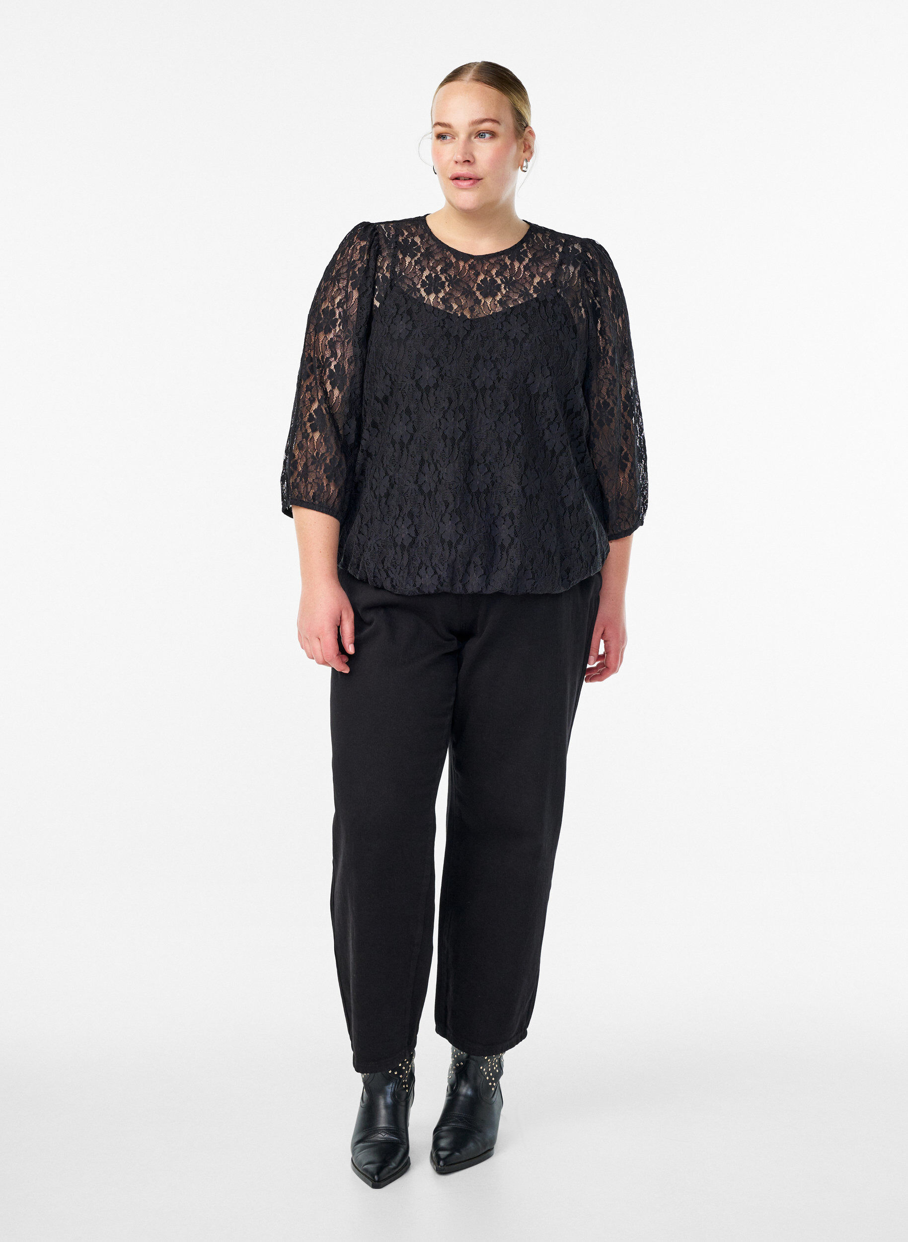 Zizzifashion Lace blouse with 3/4 sleeves, Black, Model image number 1