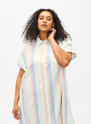 Long shirt in cotton blend with linen, Multi Color Stripe, Model image number 2