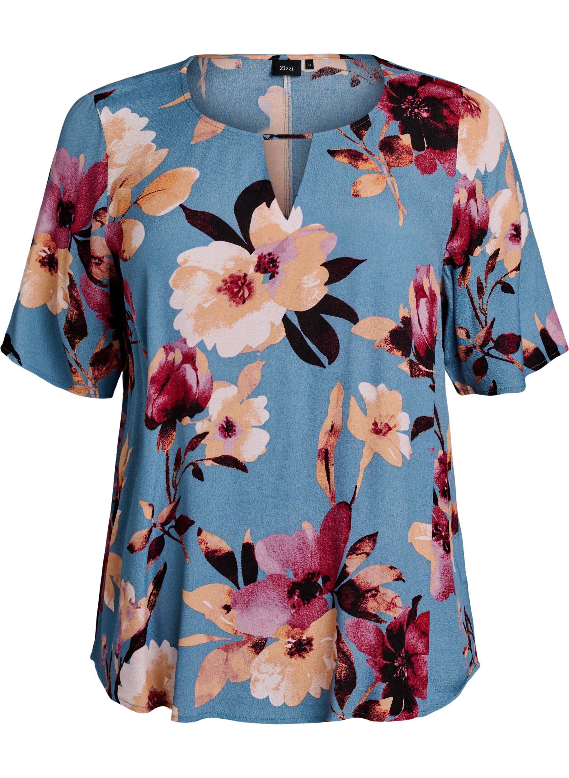 Zizzifashion Short sleeve viscose blouse with print, Blue, Packshot image number 0