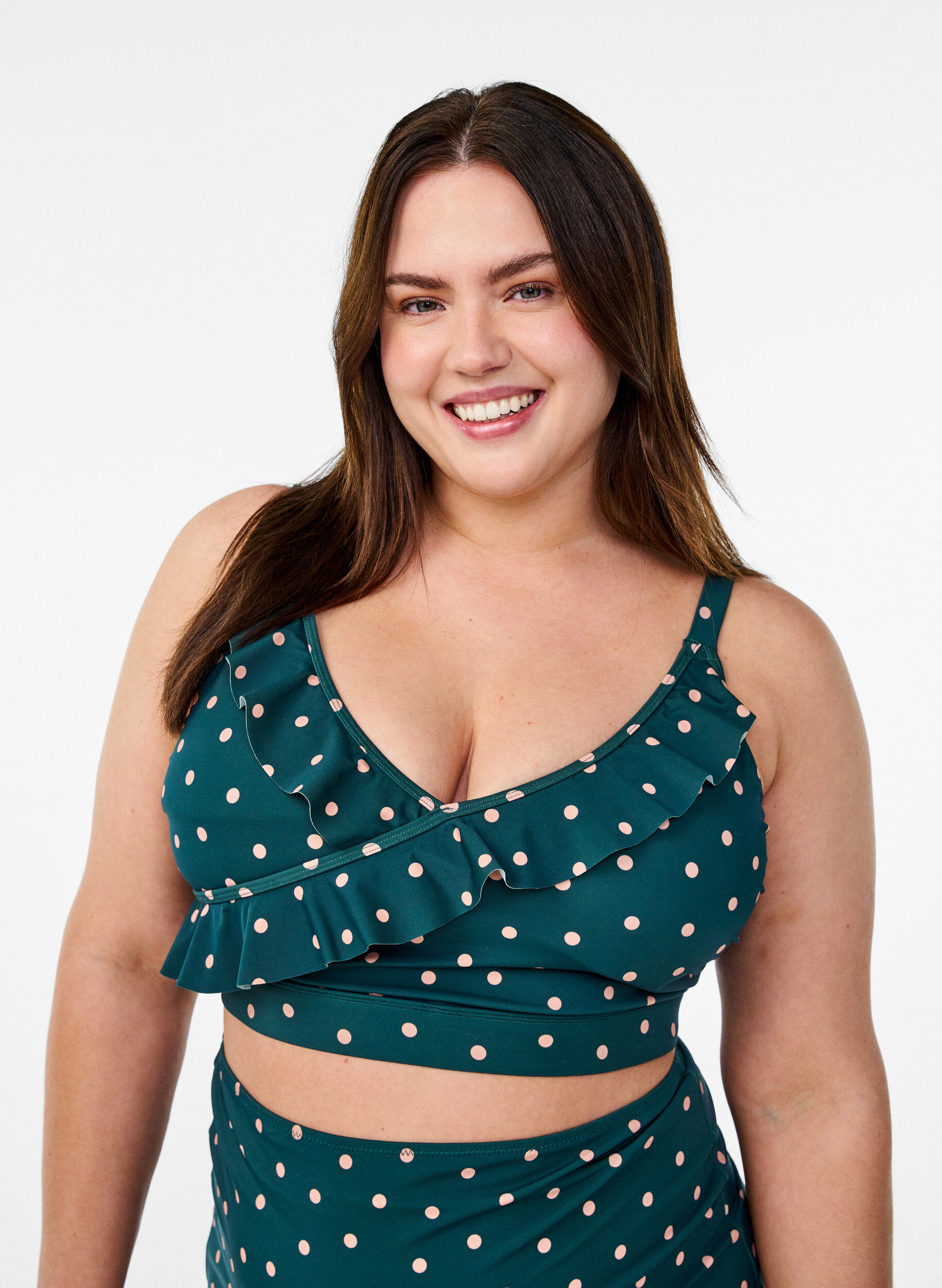 Zizzifashion Bikini top with polka dots and ruffle details, Green, Model image number 0