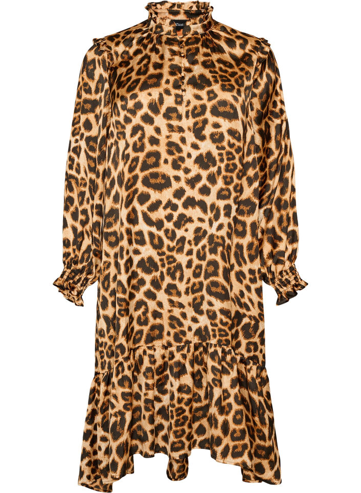Dress with leopard print and ruffle details, Brown, Packshot image number 0
