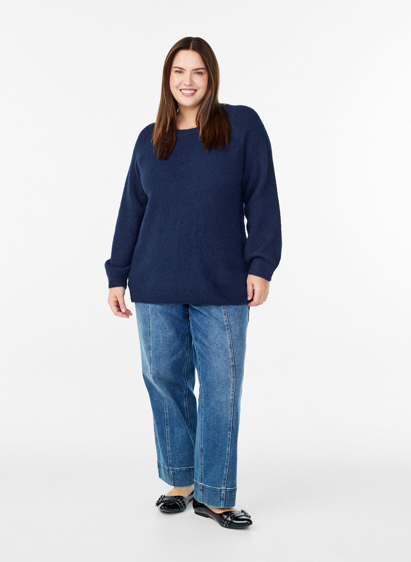 Knitted blouse with raglan sleeves, Blue, Model image number 1