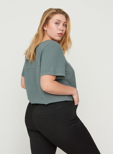 Short-sleeved cotton blouse with a v-neck, Balsam Green, Model image number 1