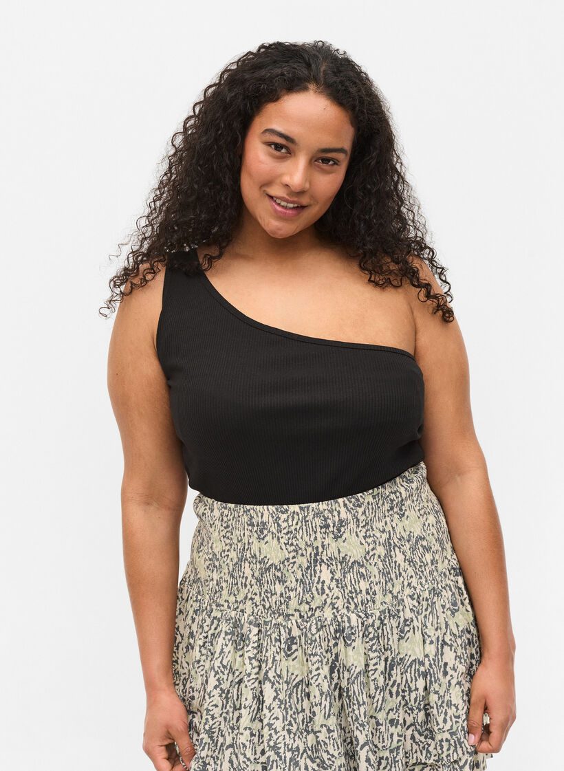 One-shoulder top in cotton, Black, Model image number 0