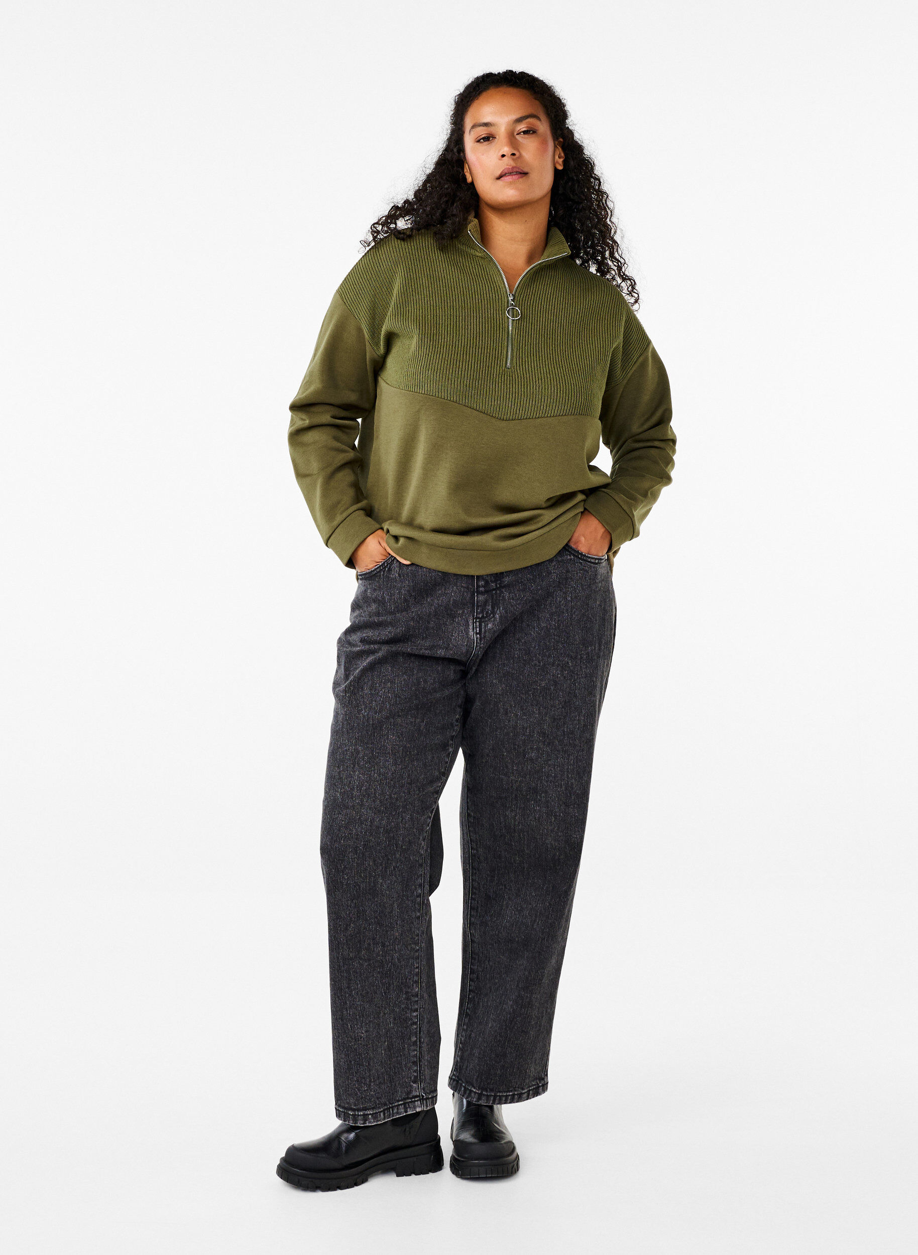 Zizzifashion Sweatshirt with knitwear and zip, Winter Moss, Model image number 2