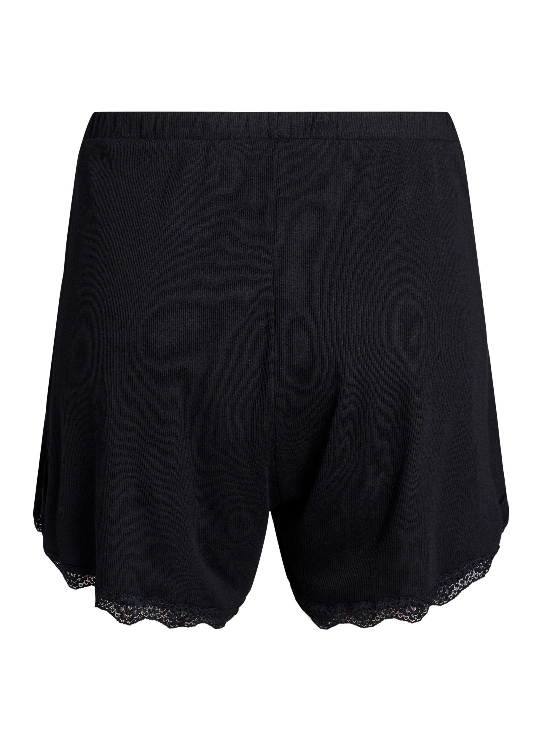 Zizzifashion Loose night shorts with ribbed texture and lace trim, Black, Packshot image number 1