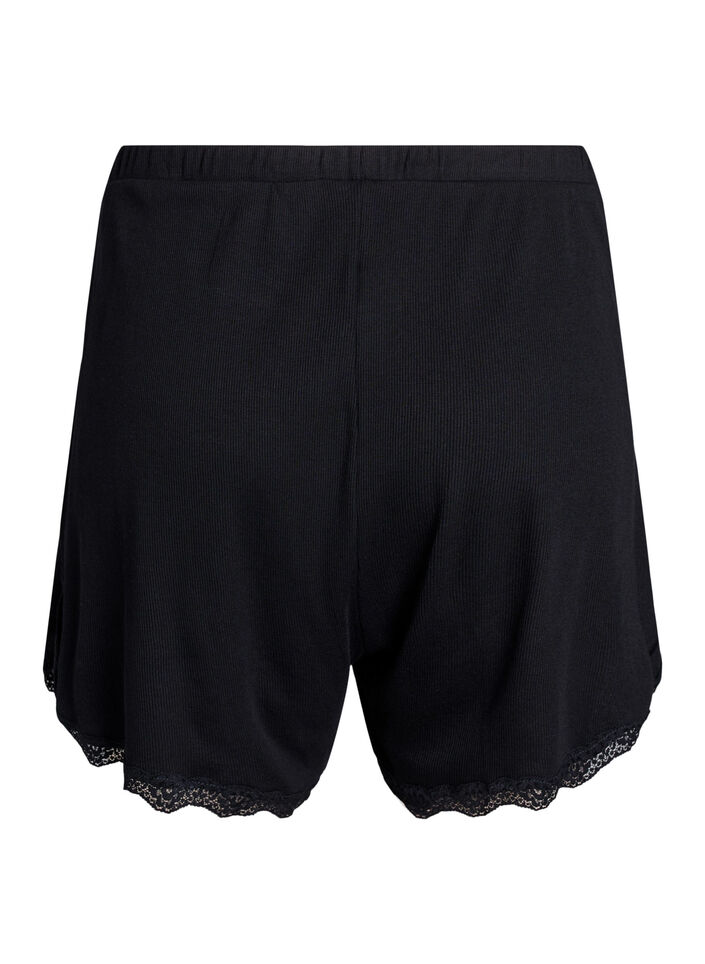 Loose night shorts with ribbed texture and lace trim, Black, Packshot image number 1