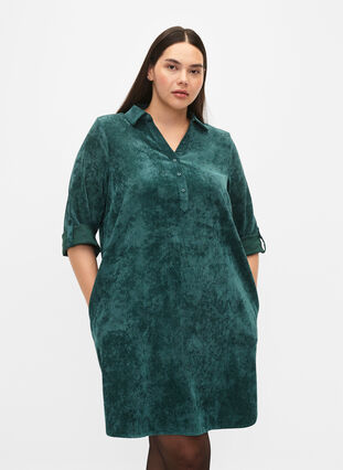 Velvet dress with 3/4-length sleeves and buttons, Deep Teal, Model image number 0