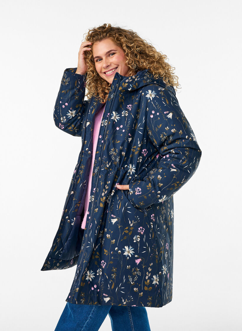 Padded winter jacket with floral print, Blue, Model image number 0