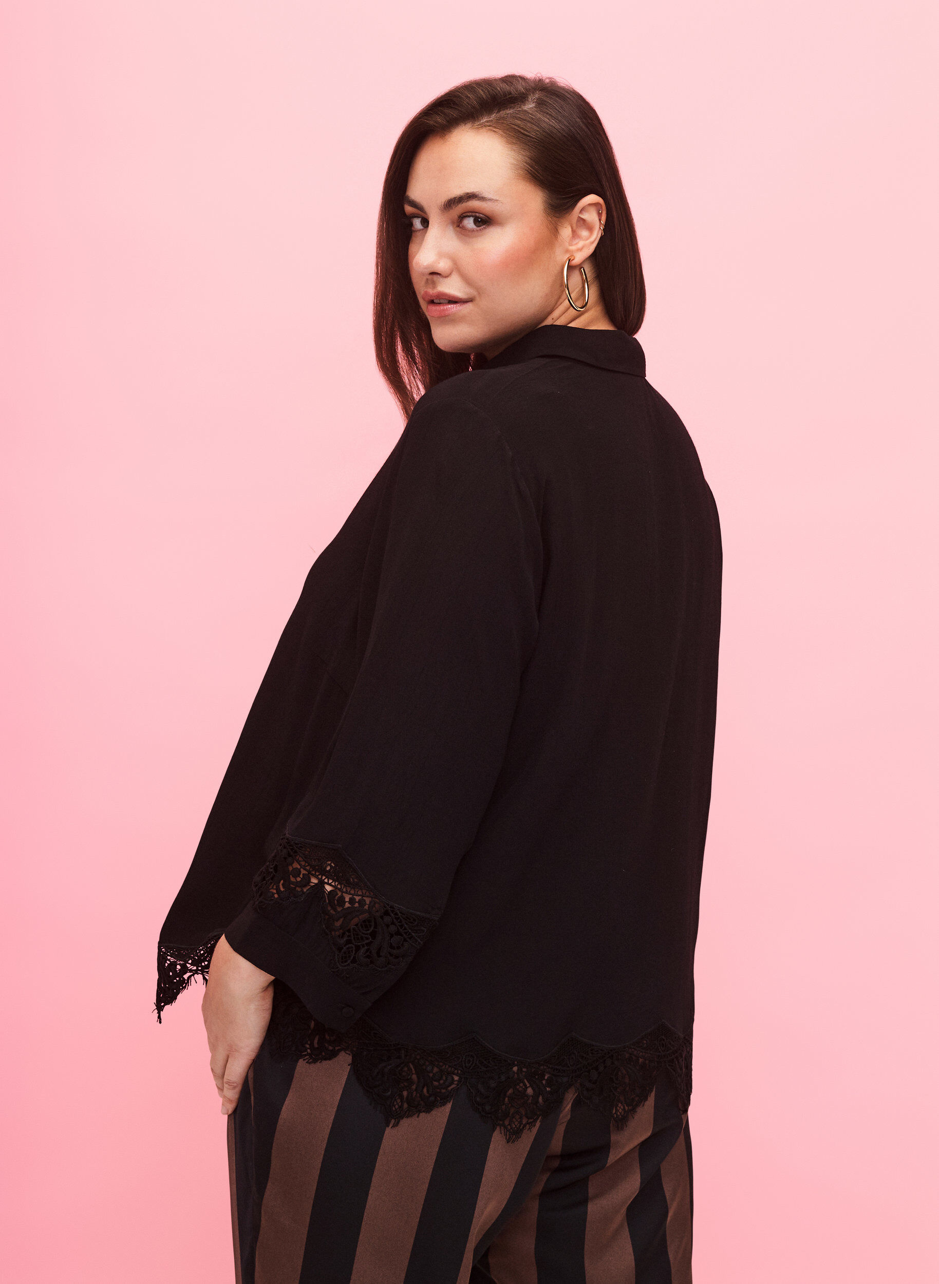 Zizzifashion Viscose shirt with 3/4 sleeves and embroidery details, Black, Model image number 1