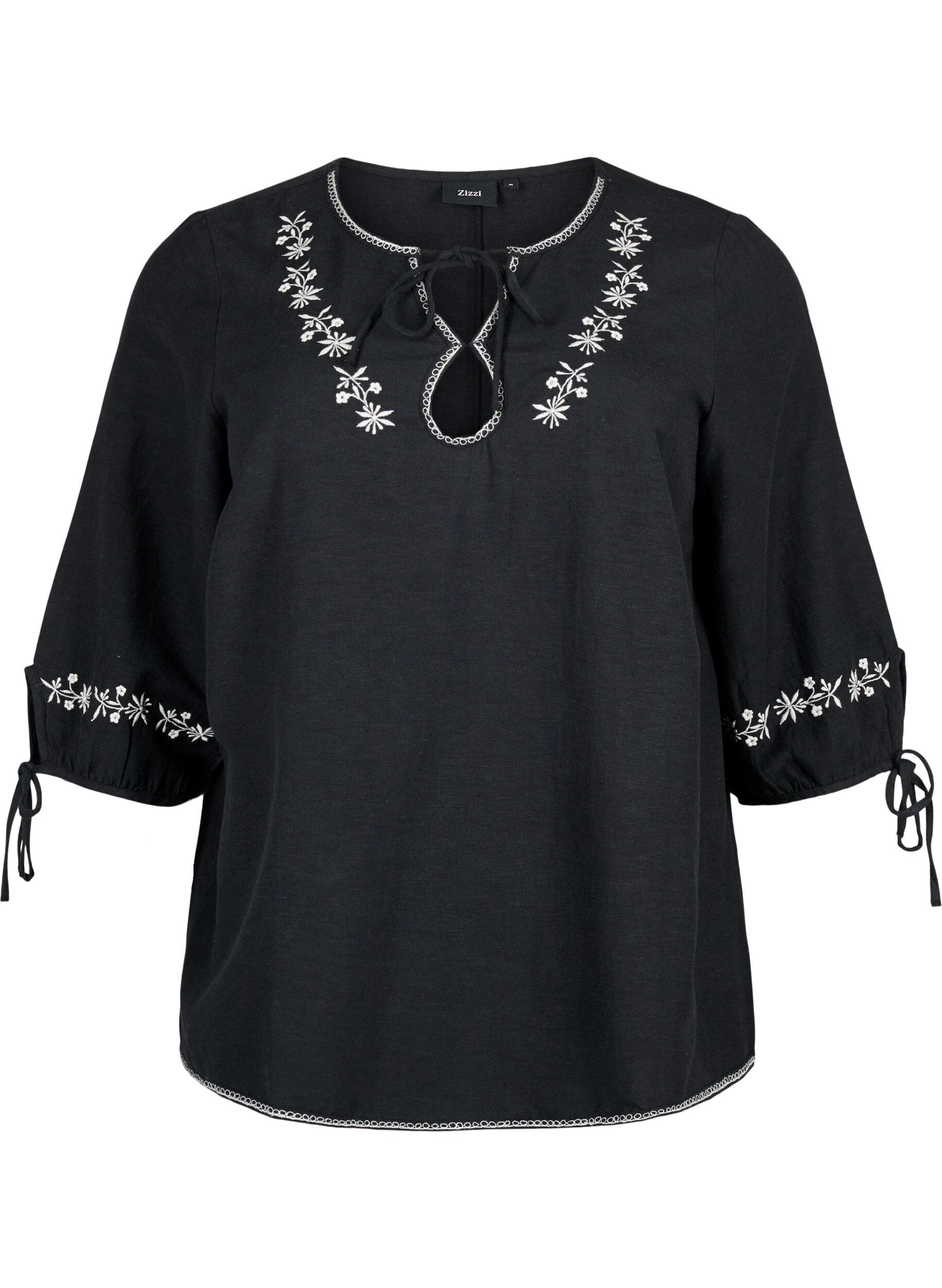 Zizzifashion Embroidered blouse in cotton blend with linen, Black W. EMB, Packshot image number 0