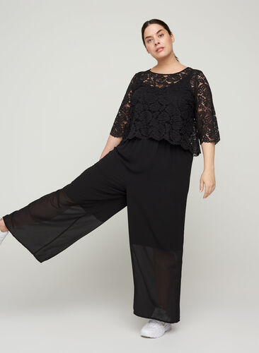 Jumpsuit with lace top and 3/4 sleeves, BLACK, Model image number 0