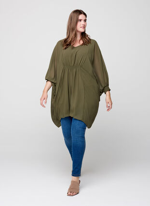 Tunic with a V-neck and smocking, Ivy green, Model image number 2