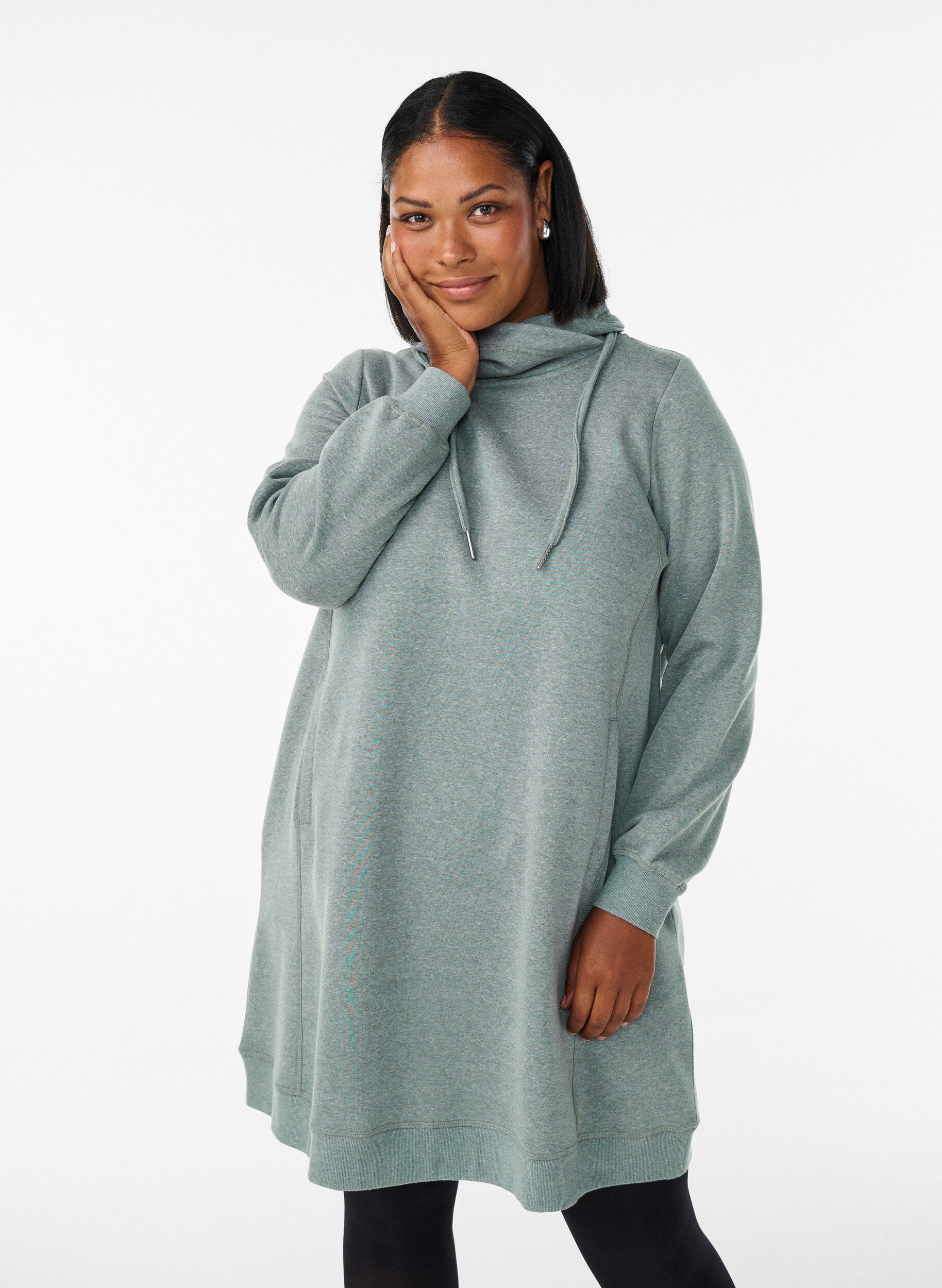 ZizzifashionShort sweatshirt dress with high collar and pockets, Green, Model image number 0