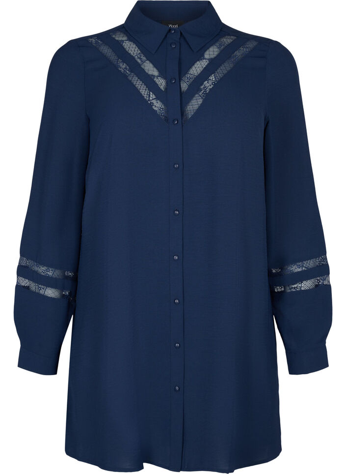 Long shirt with lace details, Navy Blazer, Packshot image number 0