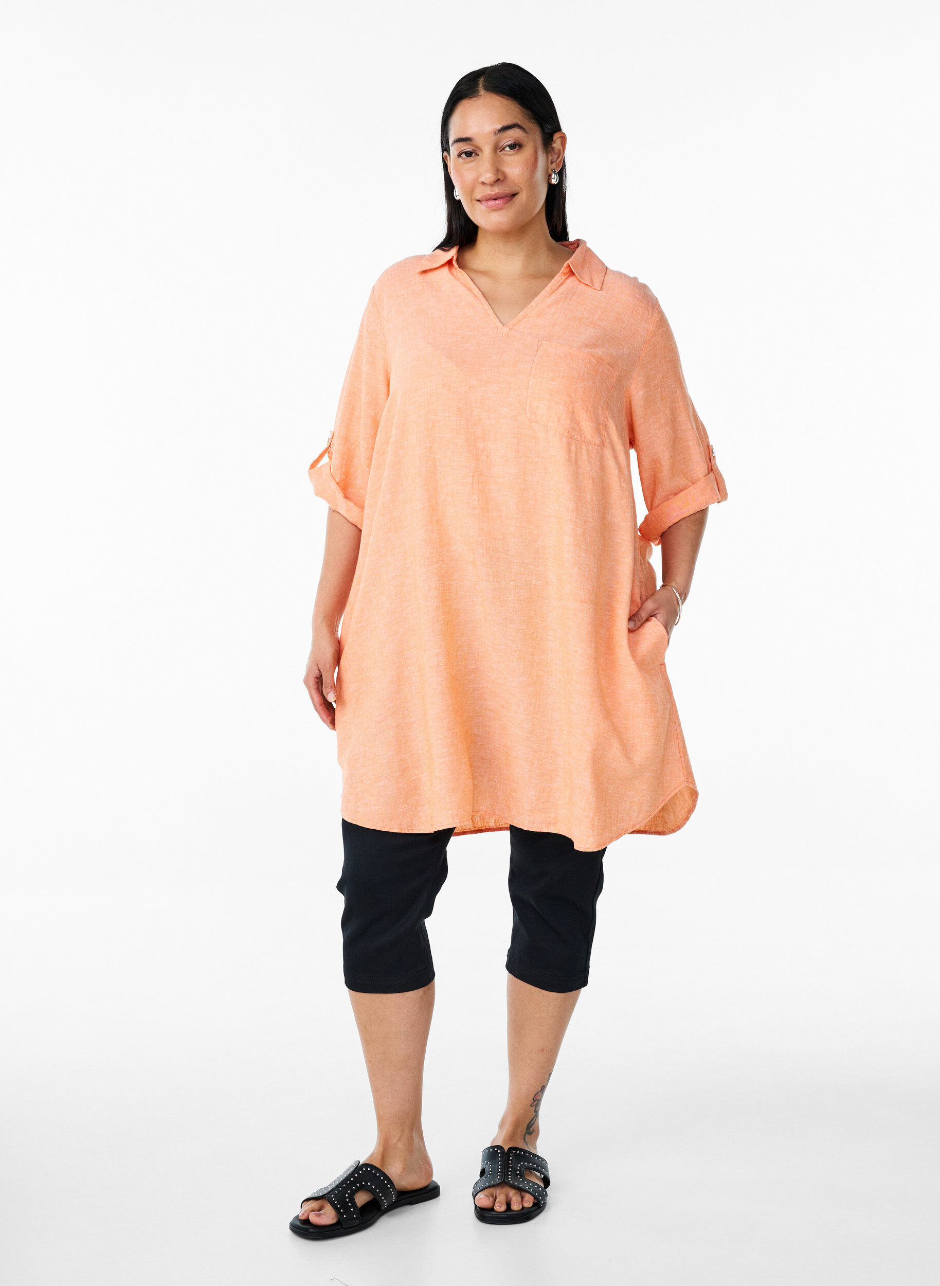 Zizzifashion Linen and viscose tunic with A-shape, Coral, Model image number 1