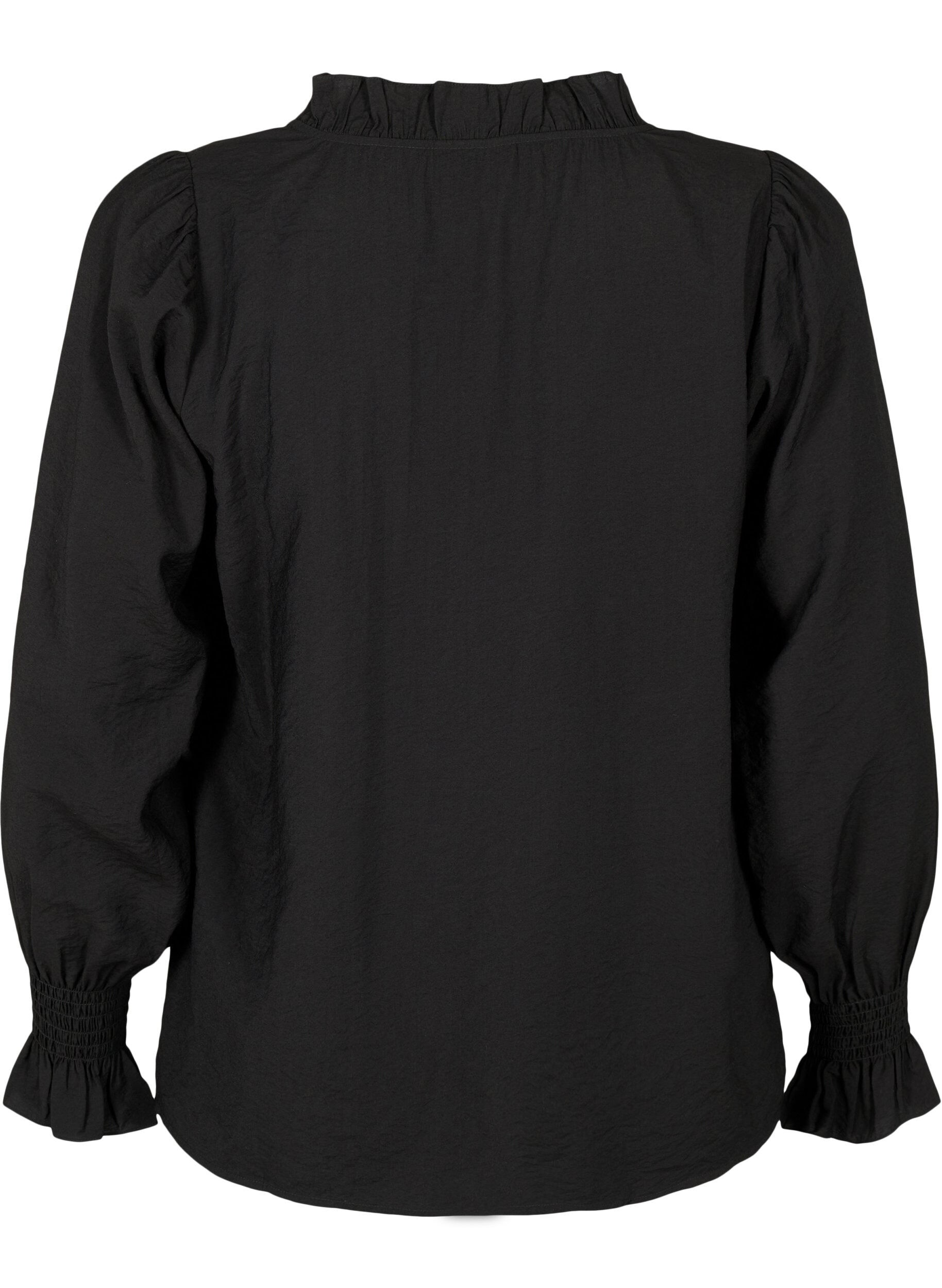 Zizzifashion Long-sleeved viscose blouse with ruffle details, Black, Packshot image number 1
