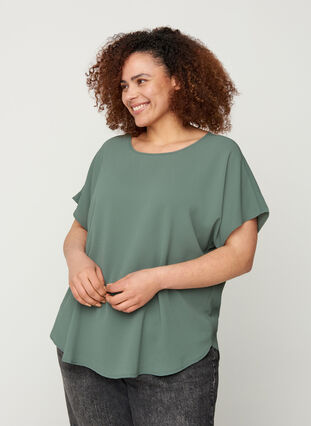 Blouse with short sleeves and a round neckline, Balsam Green, Model image number 0