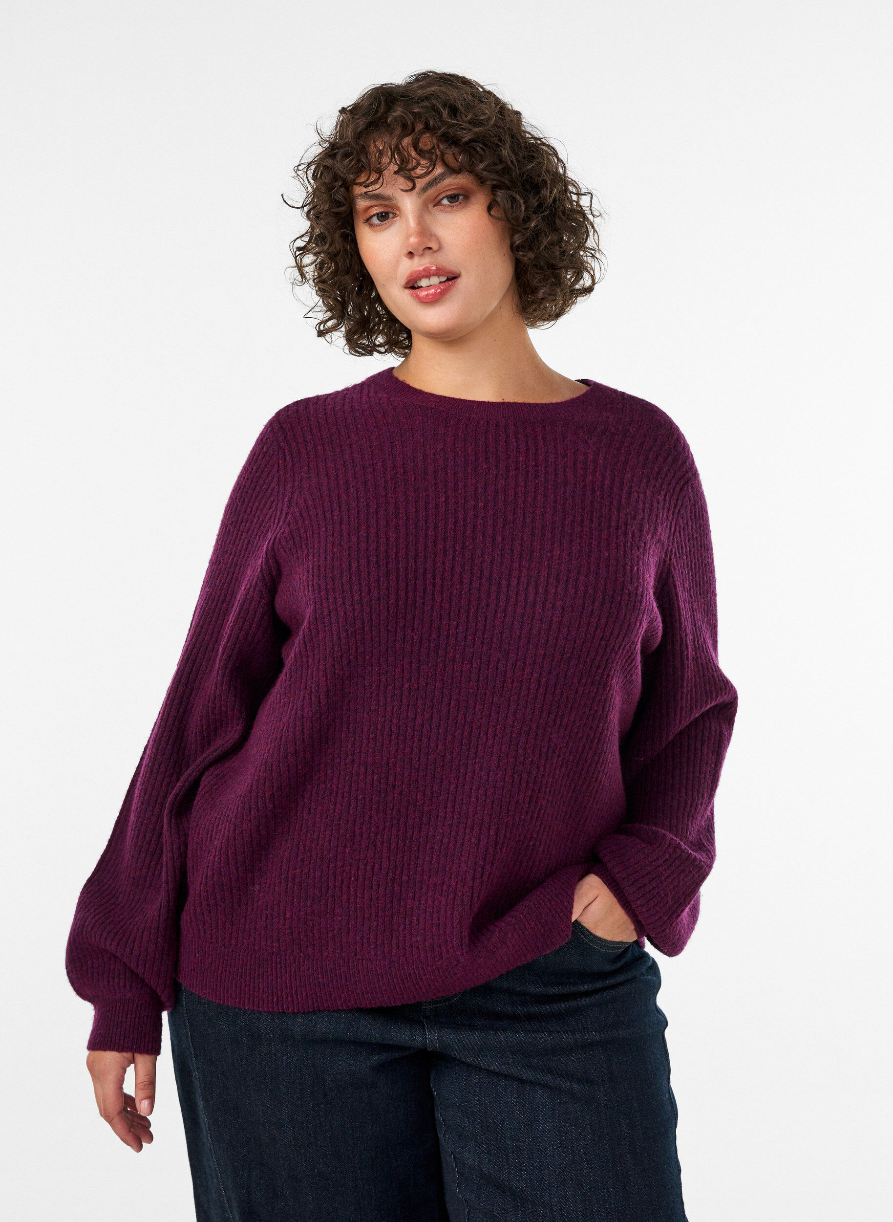 ZizzifashionRibbed jumper with balloon sleeves, Purple, Model image number 0