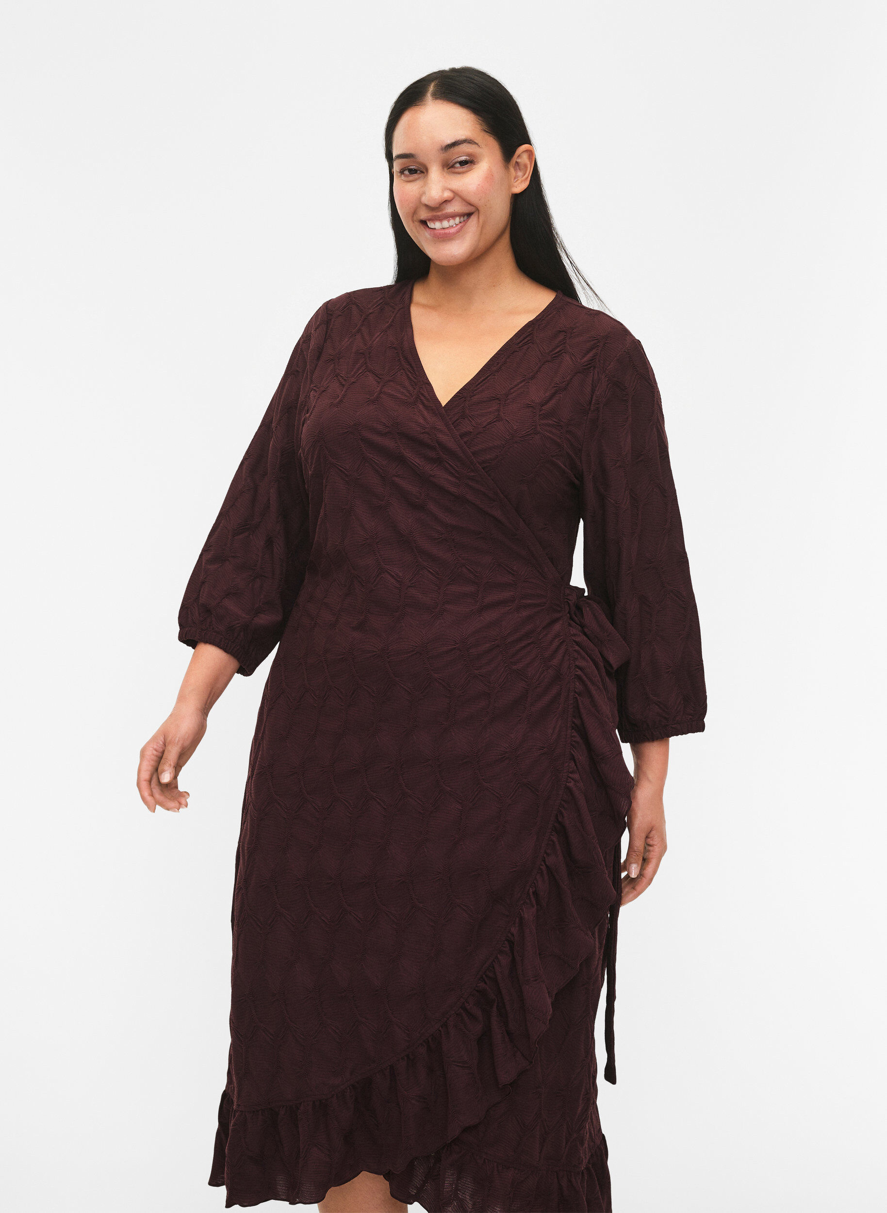 Zizzifashion FLASH - Wrap Dress with 3/4 Sleeves, Fudge, Model image number 2