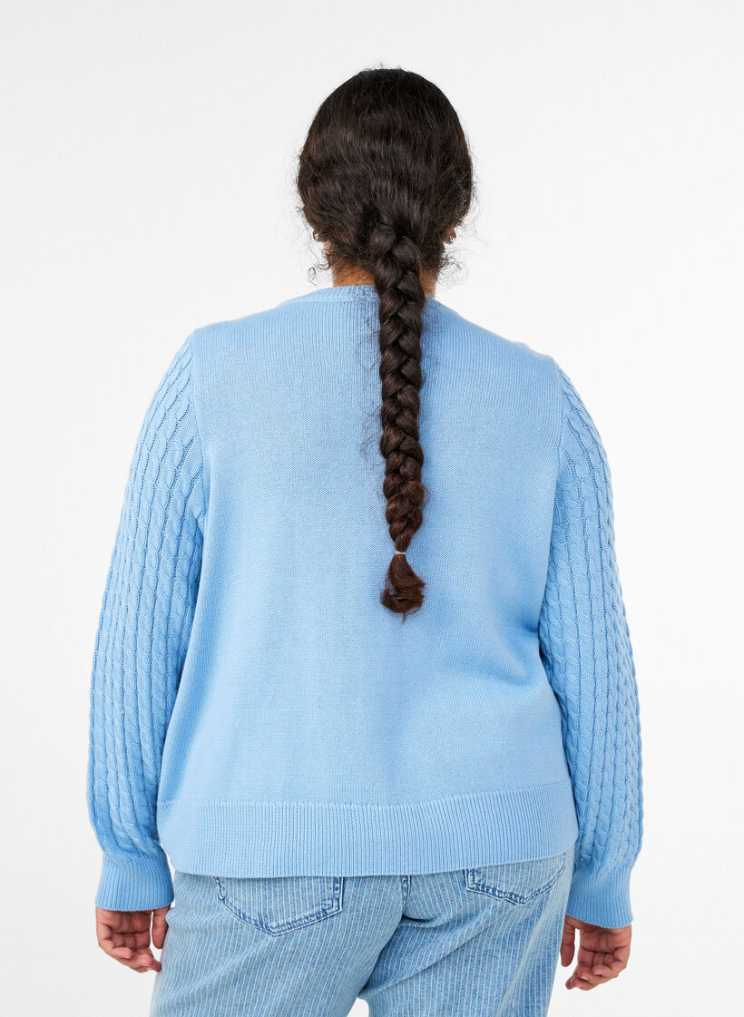Cable knit cardigan with golden buttons, Blue, Model image number 2