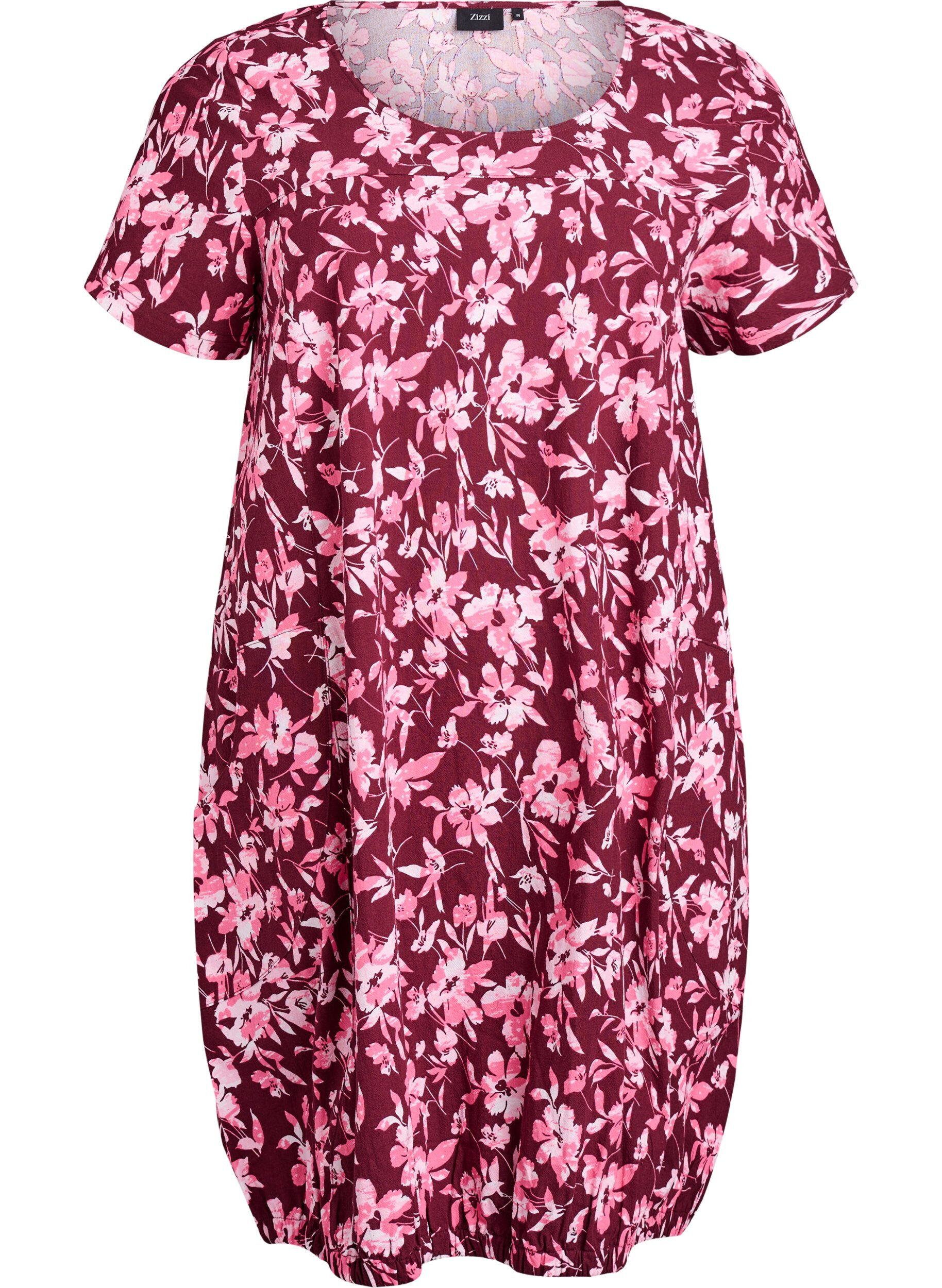 ZizzifashionShort-sleeved cotton dress with print, Dark Bordeaux, Packshot image number 0
