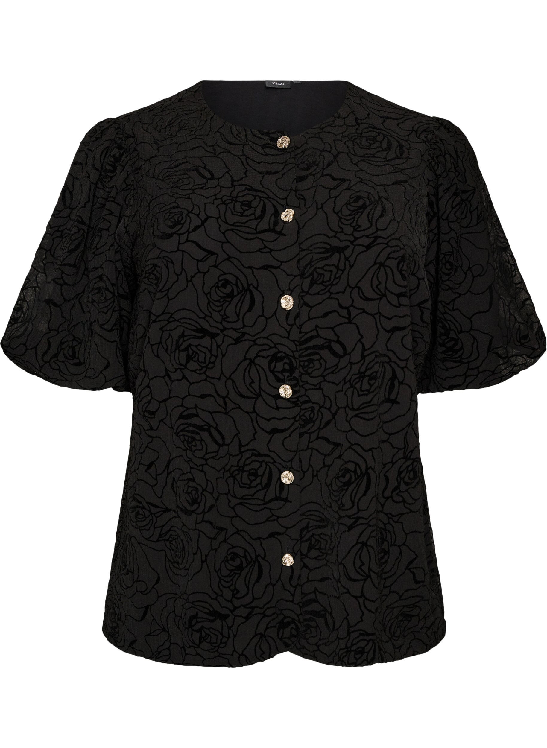 ZizzifashionBlouse with floral pattern and balloon sleeves, Black, Packshot image number 0