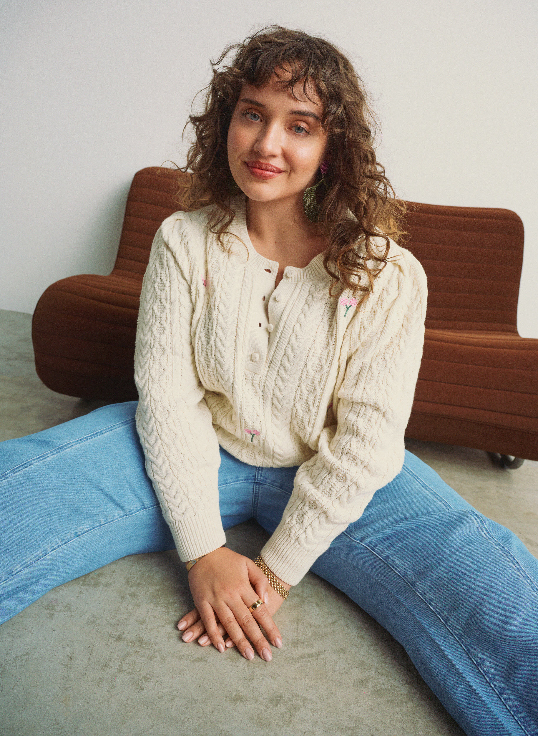 Zizzifashion Knit blouse with cable pattern and embroidered flowers, White, Image image number 0