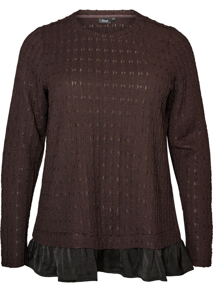 Structured blouse with ruffle hem, Brown, Packshot image number 0